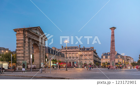 Porte d'Aquitaine arch and obelisk at Place de la Victoire day to night timelapse hyperlapse in Bordeaux, France. Porte d'Aquitaine arch and obelisk at Place de la Victoire day to night timelapse hyperlapse in Bordeaux, France. 123172901