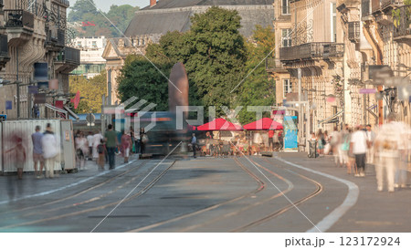 L'Intendance Street in Bordeaux timelapse during sunset with modern trams 123172924