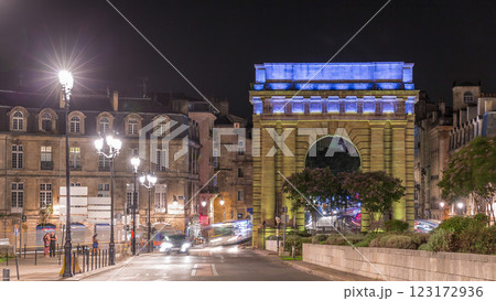 Porte de Bourgogne night timelapse, historic medieval gate in Bordeaux, France. 123172936