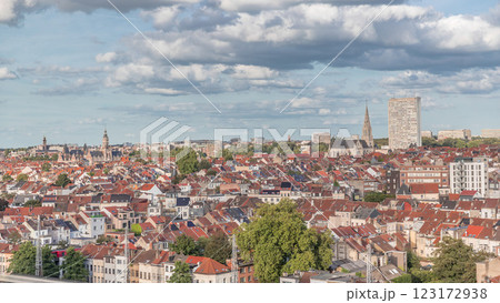 Aerial timelapse panorama over Brussels skyline in Schaerbeek with Saint-Servais Church and Town Hall 123172938