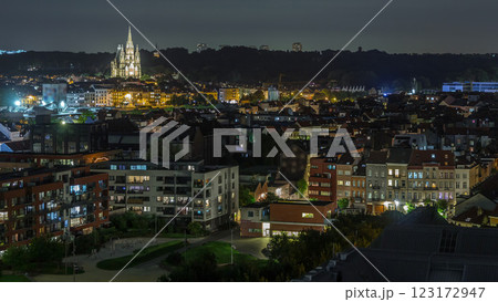 Aerial panorama of Laeken night timelapse, Brussels Capital Region, Belgium, showcasing cityscape 123172947