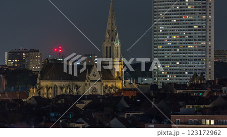 Aerial timelapse of Saint Servatius Church at night in Schaerbeek, Brussels, Belgium. Aerial timelapse of Saint Servatius Church at night in Schaerbeek, Brussels, Belgium. 123172962