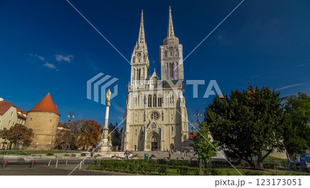Zagreb Cathedral timelapse hyperlapse and Monument called Maria's pillar. CROATIA Zagreb Cathedral timelapse hyperlapse and Monument called Maria's pillar. CROATIA 123173051