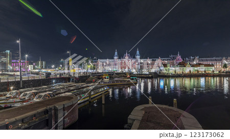 Panorama showing illuminated Central Railway station night timelapse. Amsterdam, The Netherlands 123173062