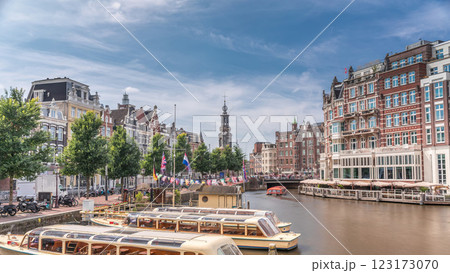 Panoramic timelapse hyperlapse of Amsterdam city center featuring Amstel River, waterfront and Munttoren tower. Netherlands Panoramic timelapse hyperlapse of Amsterdam city center featuring Amstel River, waterfront and Munttoren tower. Netherlands 123173070