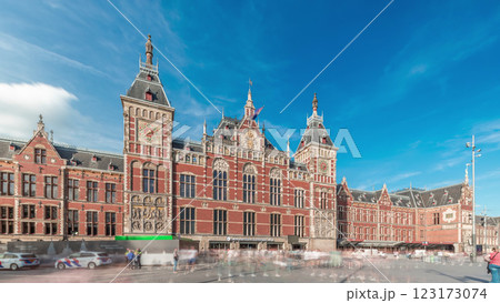 Hyperlapse of Amsterdam Central Railway Station front view. Amsterdam, The Netherlands Hyperlapse of Amsterdam Central Railway Station front view. Amsterdam, The Netherlands 123173074