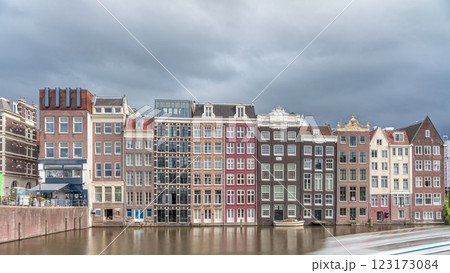 Hyperlapse of colorful Canal Houses on Damrak in evening light. Amsterdam, Netherlands Hyperlapse of colorful Canal Houses on Damrak in evening light. Amsterdam, Netherlands 123173084