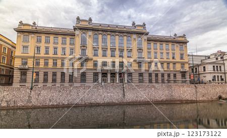 Miljacka river and post office in Sarajevo the capital city of Bosnia and Herzegovina timelapse hyperlapse 123173122