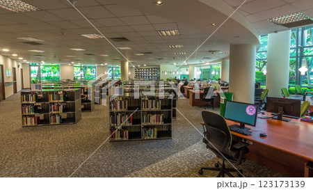 Computer station at the university library timelapse hyperlapse with seating area in the foreground. 123173139