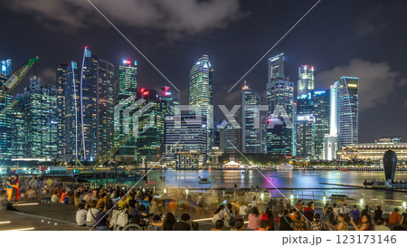 Light and Water Show along promenade in front of Marina Bay Sands timelapse hyperlapse. Light and Water Show along promenade in front of Marina Bay Sands timelapse hyperlapse. 123173146