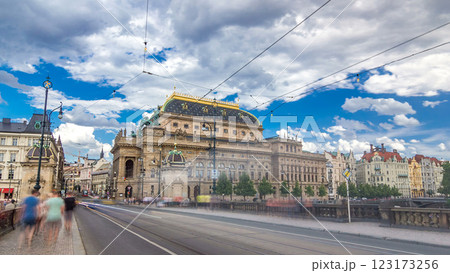 Timelapse hyperlapse view of the National Theater in Prague from the Legion Bridge. Timelapse hyperlapse view of the National Theater in Prague from the Legion Bridge. 123173256