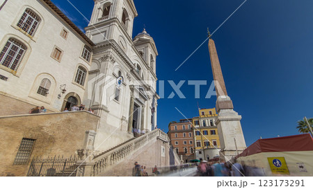 Church of Trinita dei Monti and Egyptian obelisk timelapse hyperlapse in Rome in Italy. 123173291