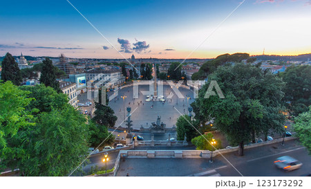 Aerial view of the large urban square, the Piazza del Popolo day to night timelapse, Rome after sunset 123173292
