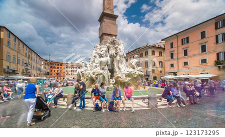 Piazza Navona, the fountain of four rivers timelapse hyperlapse designed by G.L.Bernini. 123173295