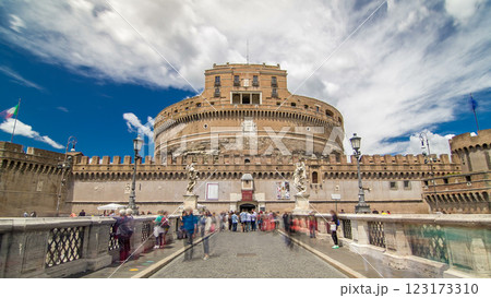 Saint Angel Castle Castel Sant Angelo and bridge Ponte Sant Angelo over the Tiber river timelapse hyperlapse, Rome, Italy 123173310