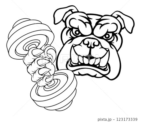 Bulldog Dog Weight Lifting Dumbbell Gym Mascot 123173339