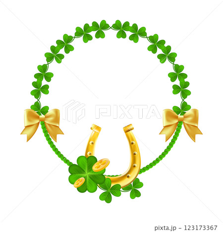 St. Patrick wreath with horseshoe. Shamrocks and Gold Coins frame. St. Patrick wreath with horseshoe. Shamrocks and Gold Coins frame. 123173367