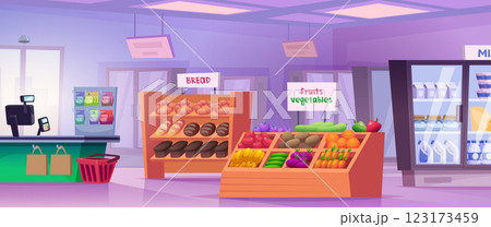 Grocery mall. Interior set of different grocery products in shopping mall exact vector cartoon background Grocery mall. Interior set of different grocery products in shopping mall exact vector cartoon background 123173459