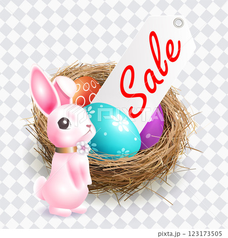 Drawing with nest, Easter eggs and cute pink bunny, design element Drawing with nest, Easter eggs and cute pink bunny, design element 123173505