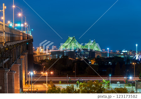 Jacques Cartier Bridge (Pont Jacques-Cartier) illuminated at night, Montreal, Quebec, Canada. 123173582