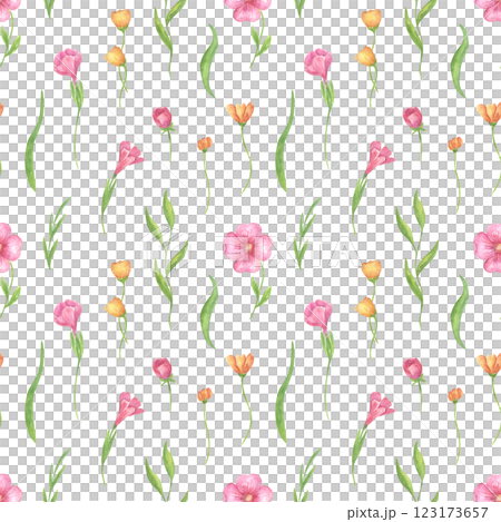 Watercolor seamless floral pattern with delicate summer, spring violets, pink and yellow flowers. Botanical design of meadow grasses for textiles, fabrics, and rustic wallpaper. Watercolor seamless floral pattern with delicate summer, spring violets, pink and yellow flowers. Botanical design of meadow grasses for textiles, fabrics, and rustic wallpaper. 123173657