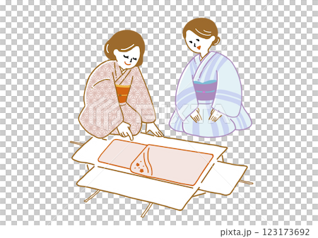 たとう紙を広げて着物の確認をする柄の着物を着た2人の女性 123173692