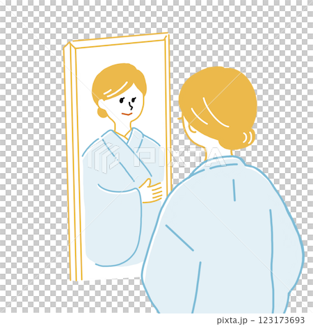 鏡子前穿著藍色和服的時尚女性 鏡子前穿著藍色和服的時尚女性 123173693