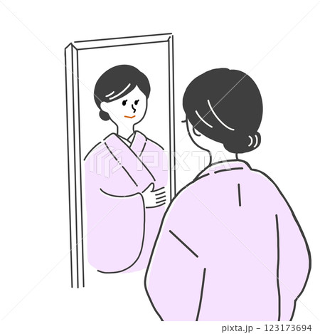鏡の前でピンク色の着物の着付けをする黒髪女性 123173694
