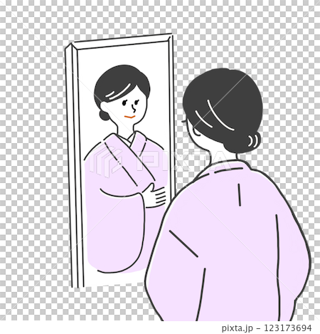 鏡の前でピンク色の着物の着付けをする黒髪女性 123173694