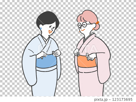 Two smiling women practicing dressing in kimono 123173695