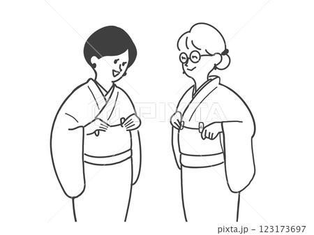 着付けの練習をする笑顔の2人の女性の線画 着付けの練習をする笑顔の2人の女性の線画 123173697