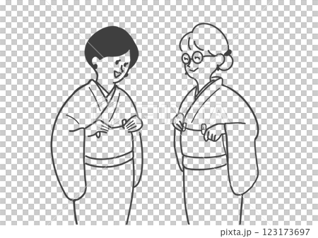 着付けの練習をする笑顔の2人の女性の線画 着付けの練習をする笑顔の2人の女性の線画 123173697