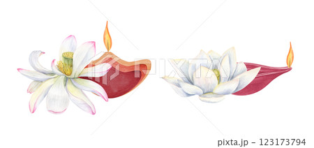 Oil Diya Lamp with burning yellow flame and white lotus flower watercolor illustration clip art. Traditional Happy Deepavali festival set. Holiday glowing candle for religious celebration poster 123173794
