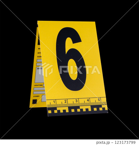 Marker of Crime Scene, Number 6 on a black background Marker of Crime Scene, Number 6 on a black background 123173799
