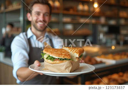 Artisanal Delicatessen A Moment of Culinary Service and Hospitality in a Contemporary Urban Cafe 123173837