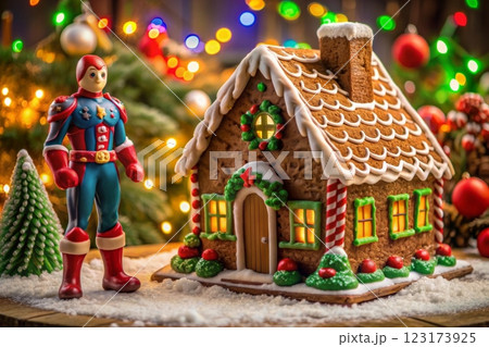 gingerbread house with fairy tale characters figures nearby 123173925