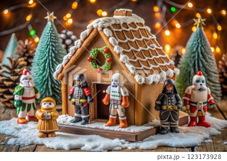 gingerbread house with fairy tale characters figures nearby 123173928