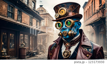 Steampunk style. A mutant with a blue face and the body of a man in round glasses and a top hat stands on a city street 123173930