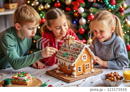 Children sit at the table and decorate a gingerbread house Children sit at the table and decorate a gingerbread house 123173938