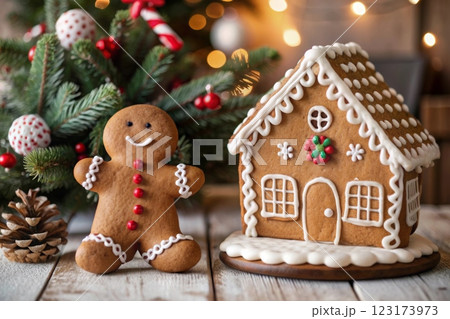 Gingerbread house decorated with colorful candies Gingerbread house decorated with colorful candies 123173973