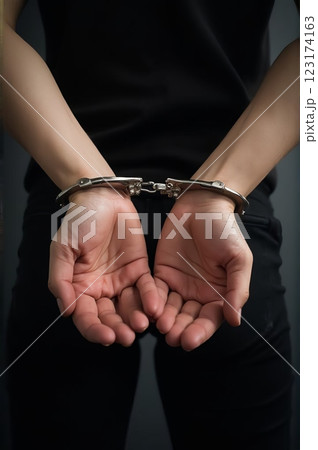 Close-Up of Restrained Hands in Handcuffs Behind Back 123174163