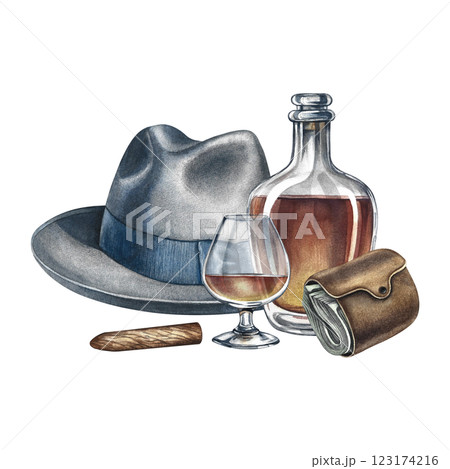 Cognac, expensive cigarettes, a purse and a man's hat. Handmade watercolor illustration. A vintage-style color image with a men's theme. A rich and well-off man. For banner, flyer, invitation, poster 123174216