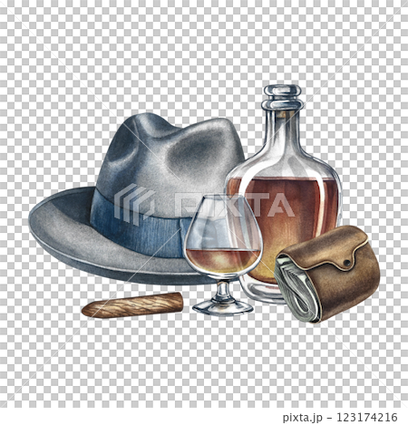 Cognac, expensive cigarettes, a purse and a man's hat. Handmade watercolor illustration. A vintage-style color image with a men's theme. A rich and well-off man. For banner, flyer, invitation, poster 123174216