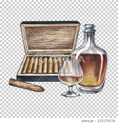 A bottle, a glass of cognac, and expensive cigarettes. Handmade watercolor illustration. Vintage-style color image. For banners, flyers and packages, labels, invitations, posters and more. A bottle, a glass of cognac, and expensive cigarettes. Handmade watercolor illustration. Vintage-style color image. For banners, flyers and packages, labels, invitations, posters and more. 123174218