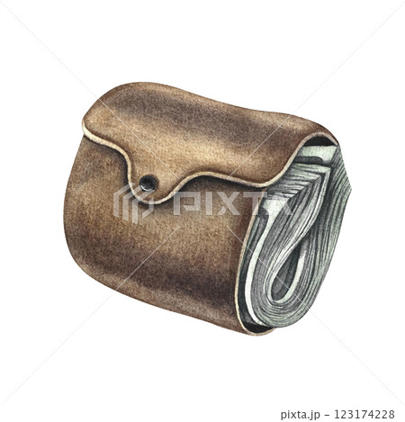 A wallet full of paper money. Handmade watercolor illustration. A color image of wealth. Separate from the background. For posters, postcards and banners, flyers, packages and labels, invitations. 123174228
