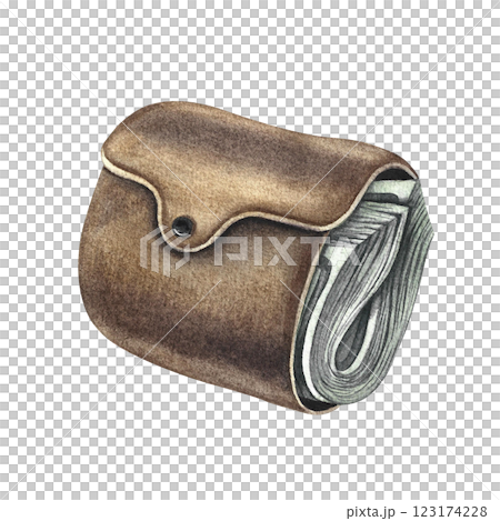 A wallet full of paper money. Handmade watercolor illustration. A color image of wealth. Separate from the background. For posters, postcards and banners, flyers, packages and labels, invitations. 123174228