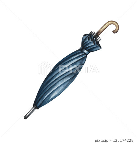 Blue umbrella cane. Handmade watercolor illustration. A color image of a vintage accessory. Separate from the background. For posters, postcards and banners, flyers, packages and labels, invitations. 123174229