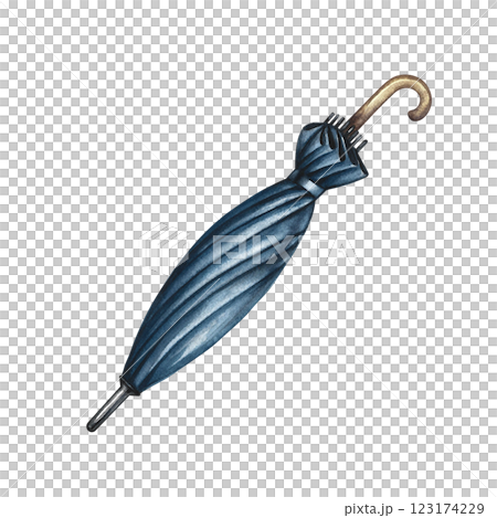Blue umbrella cane. Handmade watercolor illustration. A color image of a vintage accessory. Separate from the background. For posters, postcards and banners, flyers, packages and labels, invitations. 123174229