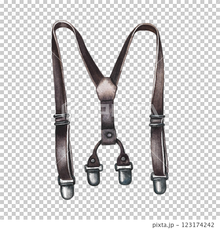 Suspenders for trousers. Handmade watercolor illustration. A color image of a men's accessory. Separate from the background. Perfect for posters, postcards and banners, flyers, packages and labels. 123174242