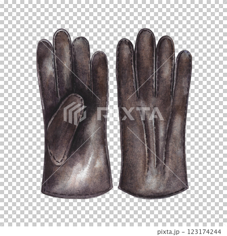 Vintage men's gloves. Handmade watercolor illustration. A color image of a leather accessory. Separate from the background. Perfect for posters, postcards and banners, flyers, packages and labels. Vintage men's gloves. Handmade watercolor illustration. A color image of a leather accessory. Separate from the background. Perfect for posters, postcards and banners, flyers, packages and labels. 123174244